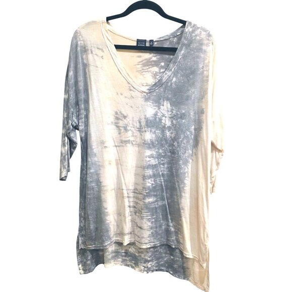 Blue Saks Fifth Avenue Flowy Gray Taupe White Loose Fit V-Neck Top Made In USA L - Picture 11 of 16